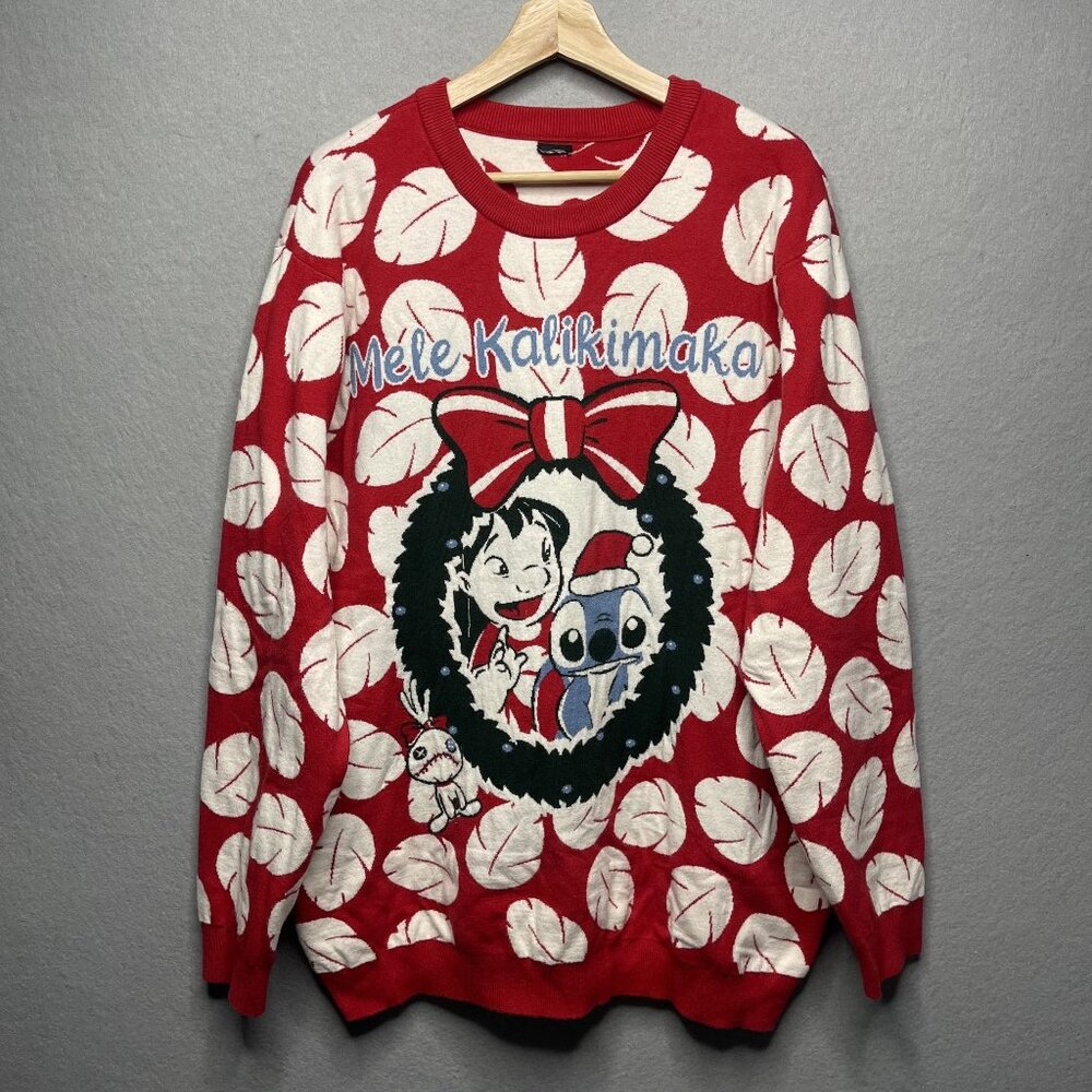 Lilo & Stitch Holiday Sweater Mele Kalikimaka Red White Leaf Print Unisex XL